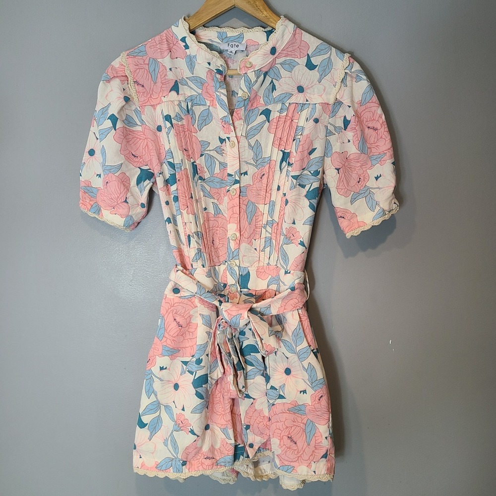 Fate Floral Short Sleeve Romper in Pink, Blue & Cream